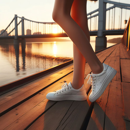 teen girl s legs in white sneakers on the bridge at sunsetの素材