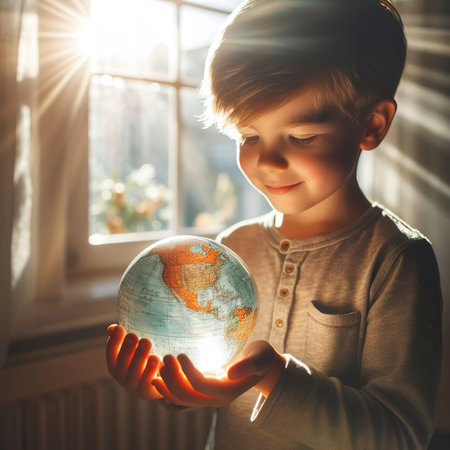 the map of the earth on his handsの素材