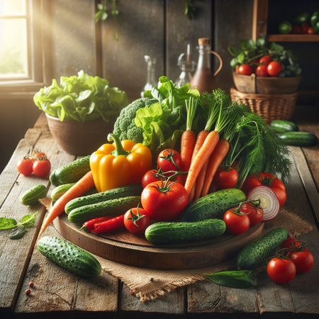 vegetables on the brown kitchen tableの素材