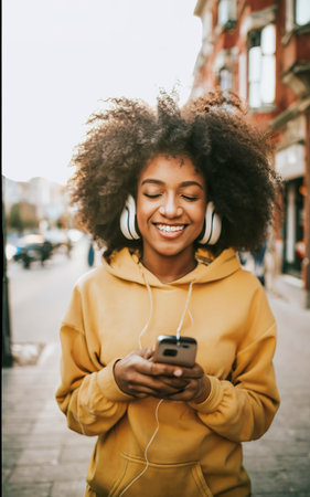Beautiful black woman with afro curls hairstylesmiling model in yellow hoodiesexy carefree female enjoying listening musicの素材