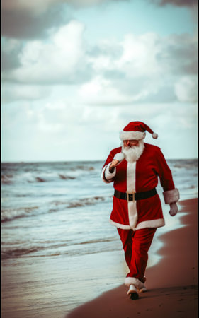 Santa claus walking on beach side viewの素材