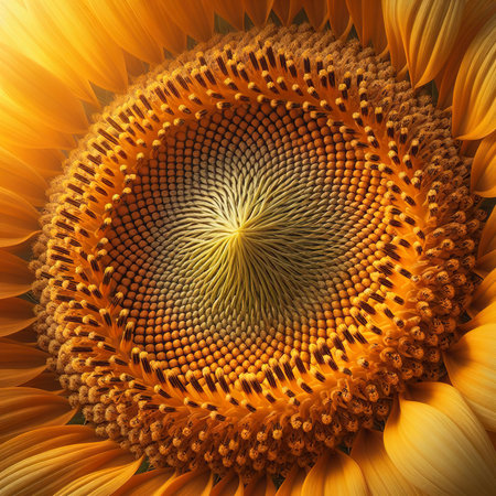 Close-up view of sunflower, showing details in the center of the flowerの素材