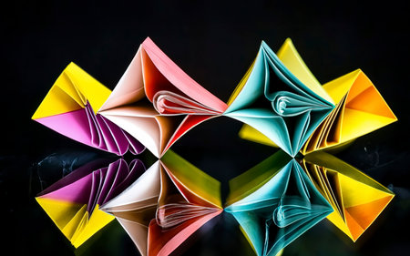background macro image of colorful origami pattern made of curved sheets of paper, with mirror reflexionの素材