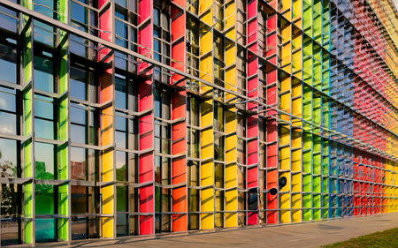 Colorful abstract background. Rainbow colors on the wall of the buildingの素材