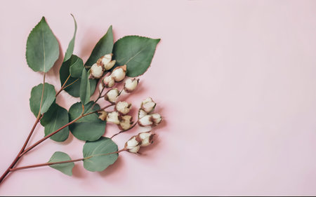 Cotton flowers buds with eucaliptus leaves boder on pink backgroundの素材