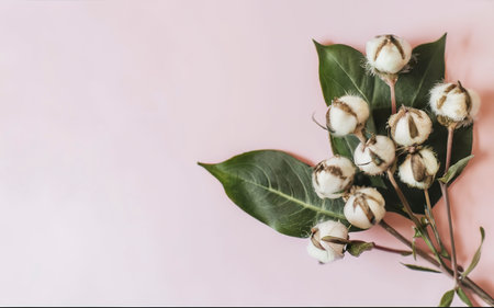 Cotton flowers buds with eucaliptus leaves boder on pink backgroundの素材