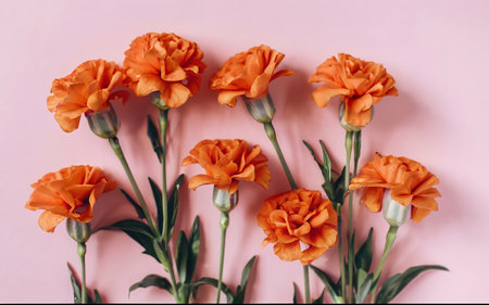 Orange carnation flowers on pink background. Flat lay, top viewの素材