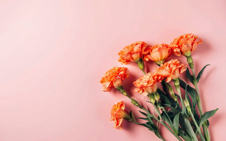 Orange carnation flowers on pink background. Flat lay, top viewの素材