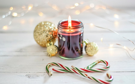 Candle next to christmas ornamentsの素材