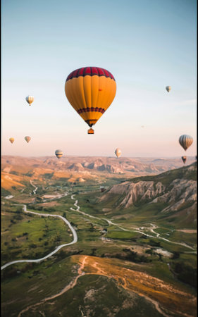 Hot air balloon adventure in nature, flying over mountain landscapeの素材