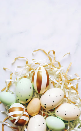 Decorative Easter eggs and straw on a white backgroundの素材