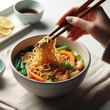 Female hand takes Chinese noodles with Chinese chopsticks from a paper bowl on a white backgroundの素材