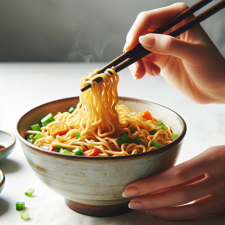 Female hand takes Chinese noodles with Chinese chopsticks from a paper bowl on a white backgroundの素材