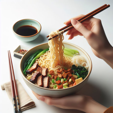 Female hand takes Chinese noodles with Chinese chopsticks from a paper bowl on a white backgroundの素材