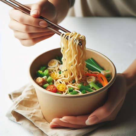 Female hand takes Chinese noodles with Chinese chopsticks from a paper bowl on a white backgroundの素材