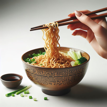 Female hand takes Chinese noodles with Chinese chopsticks from a paper bowl on a white backgroundの素材