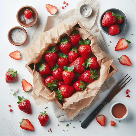Fresh fruit strawberries in paper packaging on a white backgroundの素材