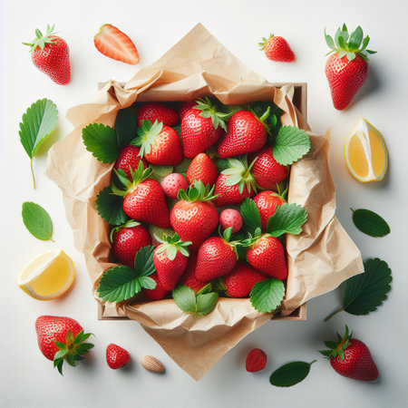 Fresh fruit strawberries in paper packaging on a white backgroundの素材