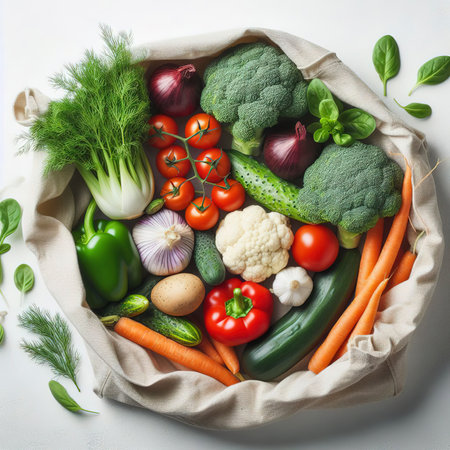 Fresh vegetables in a cloth bag on a white backgroundの素材
