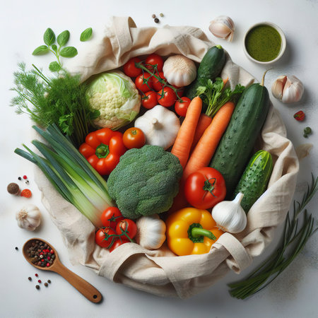Fresh vegetables in a cloth bag on a white backgroundの素材
