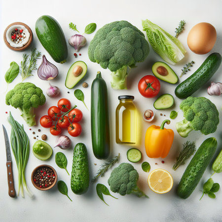 Fresh vegetables on a white background. Top view, flat layの素材