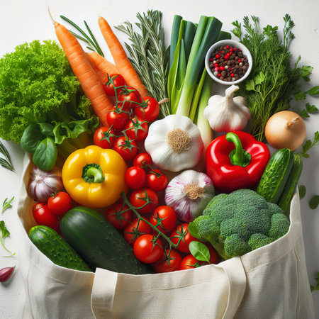 Fresh vegetables in a bag on a white table. Top view, flat layの素材