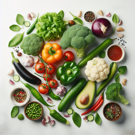 Fresh vegetables on a white background. Top view, flat layの素材