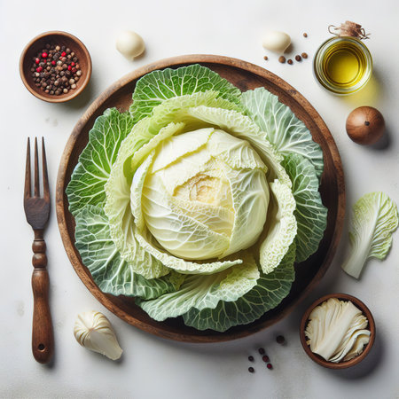Fresh white cabbage on a white background. Top view, flat layの素材
