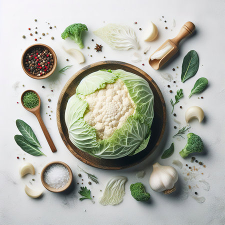 Fresh white cabbage on a white background. Top view, flat layの素材