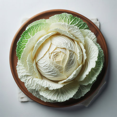Fresh white cabbage on a white background. Top view, flat layの素材