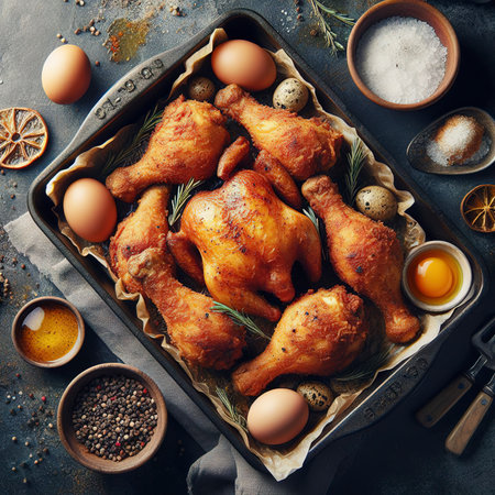 Fried chicken or turkey in a dark baking tray, top-down viewの素材