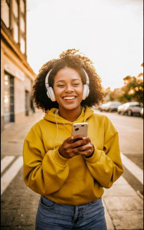 Beautiful black woman with afro curls hairstylesmiling model in yellow hoodiesexy carefree female enjoying listening musicの素材