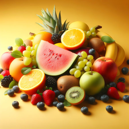 Ripe fresh fruit on a yellow backgroundの素材