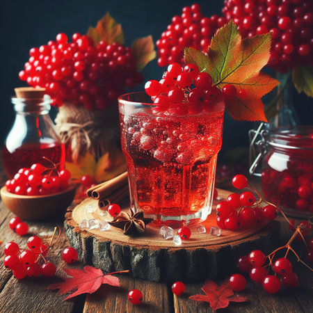 Drink from the berries of red viburnum in glass Cupの素材