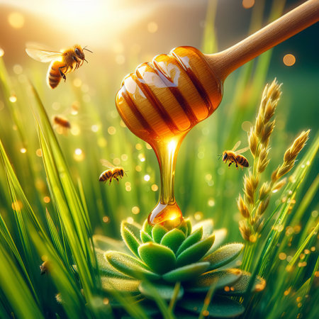 Golden liquid honey on the grassの素材