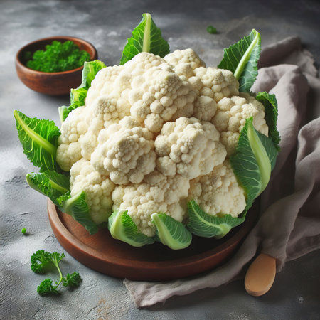 Fresh white cauliflower on a grey concrete backgroundの素材