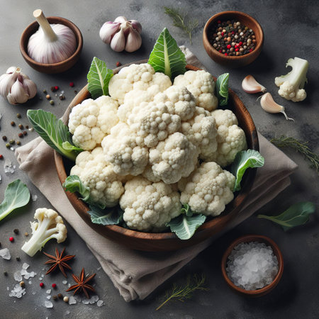 Fresh white cauliflower on a grey concrete backgroundの素材