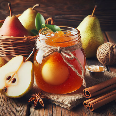 Homemade pear jam in a jar and fresh pears on a wooden backgroundの素材