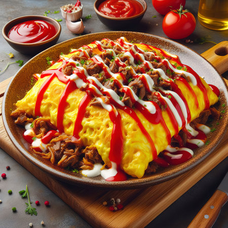Brizol - a dish of omelet and beef covered with ketchup and mayonnaise in an oriental style. High quality photoの素材
