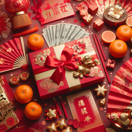 Chinese new year concept with red decoration. Money envelopes, tangerines, fans, fireworks and fortune cookiesの素材