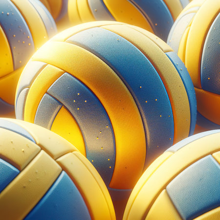 Closeup three yellow blue volleyball sports equipment with light shining, isolated many leather volley ball objectの素材