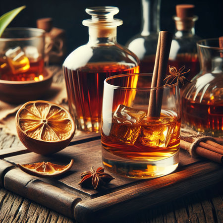 Cognac or whiskey drink on rustic wooden tableの素材
