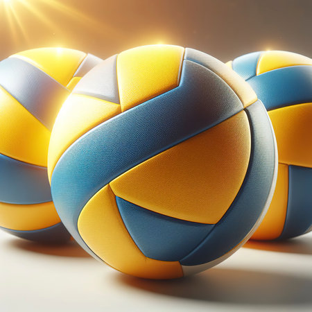 Closeup three yellow blue volleyball sports equipment with light shining, isolated many leather volley ball objectの素材