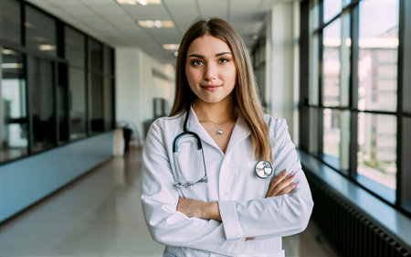 Beautiful female healthcare worker. Doctor or nurse in white coat. Medical conceptの素材