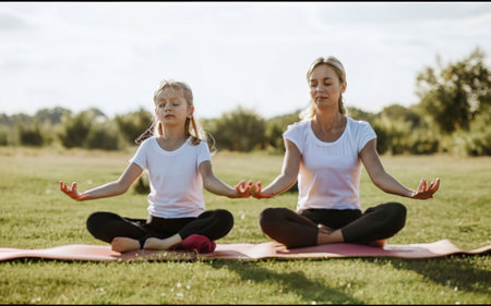 Cute little girl doing yoga with her mother. Sport, relax and meditation concept. Healthy childhoodの素材