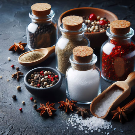 Spices black and red pepper and salt in glass flasks on a dark background with copy spaceの素材