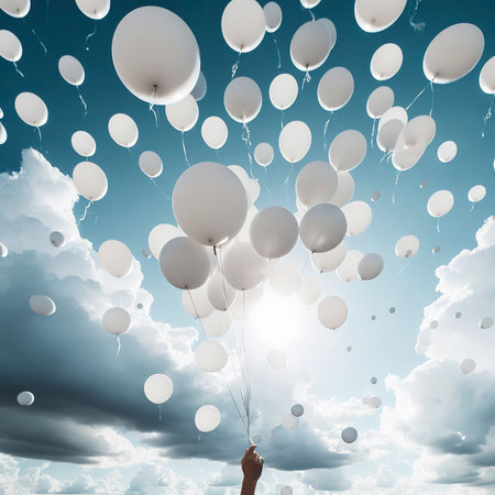White balloons against the sky. White balls in the skyの素材