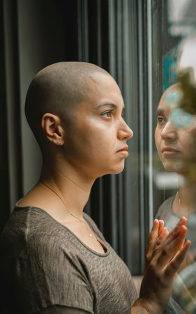 A woman with a shaved head stares out a windowの素材