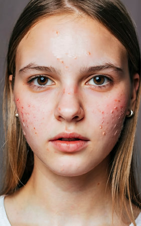 Acne. teenage girl with the pimples on her face. problematic skin. close-upの素材