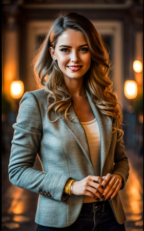 One beautiful woman confident and fashionable looking at camera smilingの素材